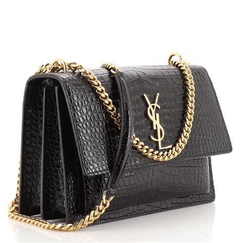 Yves Saint Laurent Black Croc Embossed Leather Crossbody 